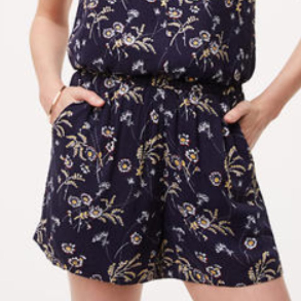 LOFT Floral Print Sleeveless Tie Front Blue Romper - Picture 3 of 14